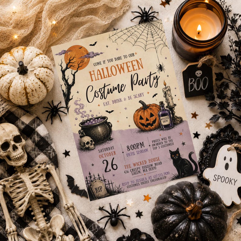 May include: A rectangular Halloween party invitation card featuring a full moon, a spider web, a cauldron, a jack-o'-lantern, and a black cat. The text reads: Come if you dare to our Halloween Costume Party, Eat, Drink & Be Scary, Saturday October 26, 8:00PM until 12:00AM, The Wicked House, 456 Creepy Hollow Road, Salem, MA 01970.