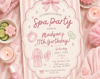 Puede incluir: Una tarjeta de invitación rectangular con fondo de rayas rosas y blancas, borde decorativo, un lazo e ilustraciones de bata, zapatillas y rodajas de pepino. El texto dice: Let's Pamper & Celebrate! Spa Party Honoring Madison's 11th Birthday! Saturday June 7, 20XX at 4:00 pm, The Retreat Spa, 456 Serenity Lane, San Diego, CA 92101, RSVP to Jessica by May 28th 619.555.1234.