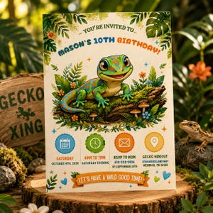 Gecko Birthday Invitation, Reptile Birthday Party Invite, Editable Lizard Birthday Invitation Template for Kids, B109
