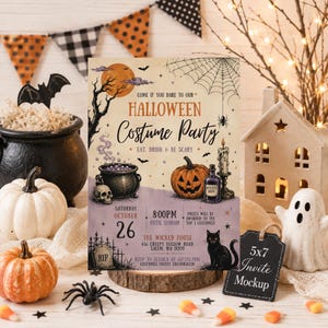 May include: A rectangular Halloween costume party invitation card featuring a full moon, spider web, cauldron, pumpkin, skull, candle, and black cat. Text includes: Come if you dare to our Halloween Costume Party, Eat, Drink & Be Scary, Saturday October 26, 8:00PM, and The Wicked House 456 Creepy Hollow Road Salem, MA 01970.
