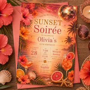 Sunset Soirée Summer Party Invitation Editable Canva, Digital Download Birthday Invitation Tropical Beach Invite, Template Coastal Cocktail