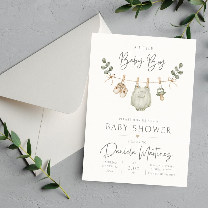 Invitación para baby shower de niño, invitación para baby shower en tonos neutros, plantilla para baby shower de niño en verde salvia imagen 4