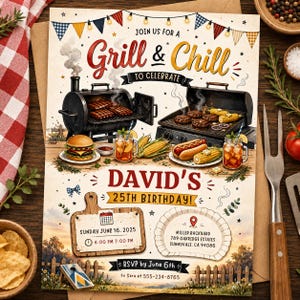May include: A Grill & Chill birthday invitation for David's 25th birthday on Sunday June 16, 2025. The design features illustrations of a smoker, a grill, a burger, a hot dog, corn, and iced tea, with event details and a location at Miller Backyard.