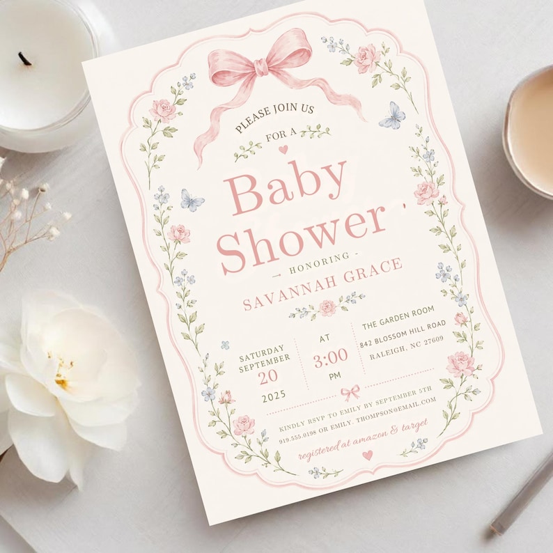 May include: A cream-colored baby shower invitation card featuring a pink bow at the top, floral borders with roses and butterflies, and text reading: Please join us for a Baby Shower honoring Savannah Grace, Saturday September 20, 2025, at 3:00 PM.