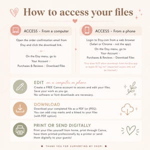 May include: An instructional infographic titled How to access your files with a soft beige background. It outlines steps for accessing files from a computer or phone, editing via Canva, downloading as PDF or JPEG, and printing or sending files digitally.