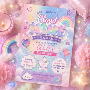 May include: A pastel-colored birthday party invitation with the text "Cloud Nine" and "Ellas 9th Birthday!" The invitation includes details for the party, such as the date, time, and location.