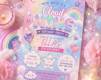 Cloud Nine Birthday Invitation | Pastel Rainbow Girls Party (Editable)