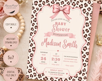 Pink Leopard Baby Shower Invitation Template,  Girl Invite, Bow Theme Celebration, Editable Printable Party Card