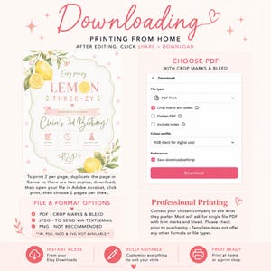 Puede incluir: Una gu&iacute;a de instrucciones digital para descargar e imprimir una invitaci&oacute;n de cumplea&ntilde;os con tem&aacute;tica de limones. El gr&aacute;fico muestra una invitaci&oacute;n de muestra para el 3er cumplea&ntilde;os de Claire, un men&uacute; de descarga de Canva y texto explicativo.