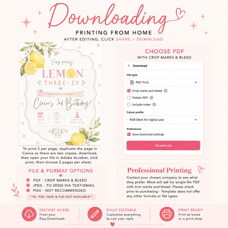 Puede incluir: Una gu&iacute;a de instrucciones digital para descargar e imprimir una invitaci&oacute;n de cumplea&ntilde;os con tem&aacute;tica de limones. El gr&aacute;fico muestra una invitaci&oacute;n de muestra para el 3er cumplea&ntilde;os de Claire, un men&uacute; de descarga de Canva y texto explicativo.