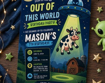 Invitación de cumpleaños con temática de ovnis alienígenas y vacas espaciales (editable)