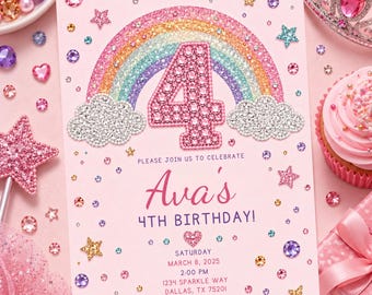 May include: A rectangular pink birthday invitation card featuring a glittery rainbow, two silver clouds, and a large number four made of pink gems. The text reads: PLEASE JOIN US TO CELEBRATE Ava's 4TH BIRTHDAY! SATURDAY MARCH 8, 2025 2:00 PM 1234 SPARKLE WAY DALLAS, TX 75201 RSVP TO JENNA 214-555-7890.