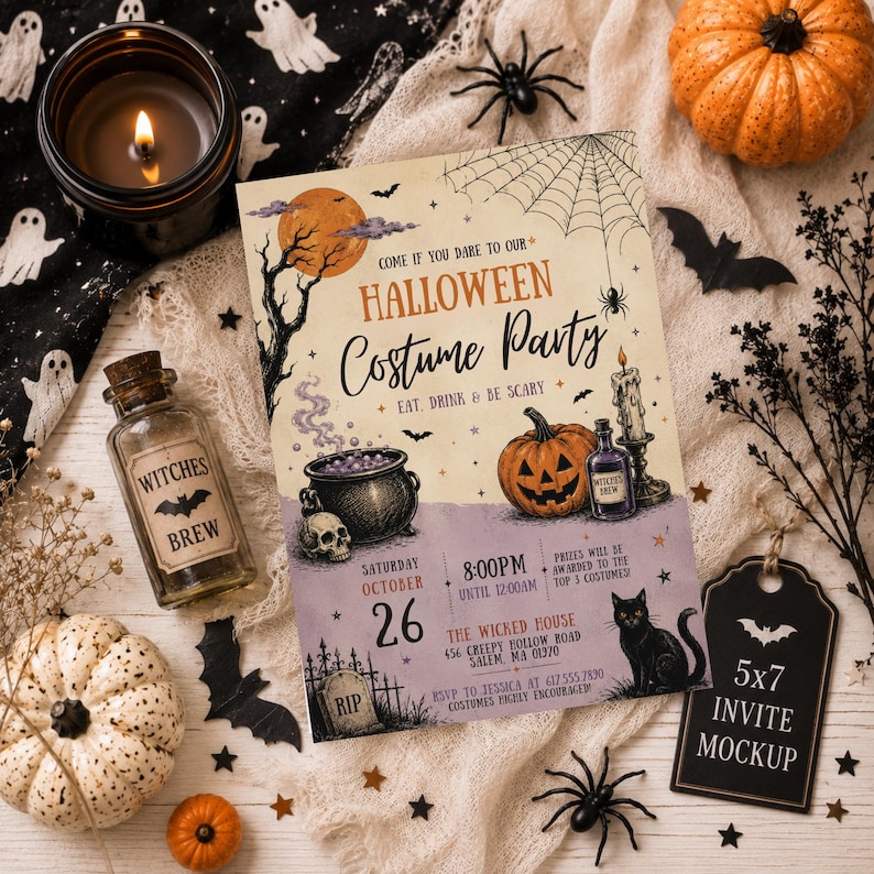 May include: A rectangular Halloween costume party invitation card featuring a full moon, spider web, cauldron, pumpkin, and black cat. The text reads: Come if you dare to our Halloween Costume Party, Eat, Drink & Be Scary, Saturday October 26, 8:00PM.