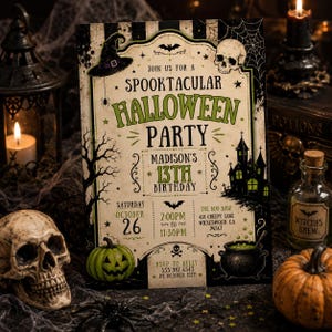 May include: A rectangular Halloween party invitation card featuring a black and white striped border, a green witch hat, a skull, a haunted house, a green pumpkin, and a cauldron. The text reads: JOIN US FOR A SPOOKTACULAR HALLOWEEN PARTY MADISON'S 13TH BIRTHDAY.