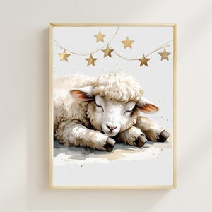 Baby Sheep Nursery Wall Art - Starry Watercolor Print for Baby Room - Sleepy Animal Digital Download