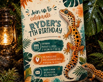 May include: A rectangular birthday invitation card featuring a leopard gecko illustration, jungle leaf motifs, and text reading Join us to celebrate Ryder's 7th Birthday, Saturday August 2, 2025, 3:00 PM to 7:00 PM, The Jungle Spot, 456 Wildwood Drive.