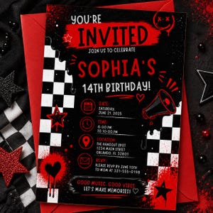 May include: A black and red birthday invitation for Sophia's 14th birthday. The invitation includes the text "You're Invited" and event details. The design features a checkered pattern, stars, and a megaphone illustration.