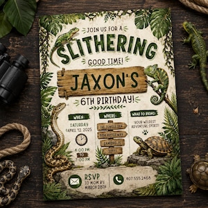 Könnte beinhalten: Eine Einladung zu Jasons 6. Geburtstagsparty mit Dschungel-Thema, mit Illustrationen einer Schlange, Eidechse und Schildkröte. Die Einladung enthält Datum, Uhrzeit, Ort und RSVP-Informationen. Der Text lautet "Join us for a Slithering Good Time!"