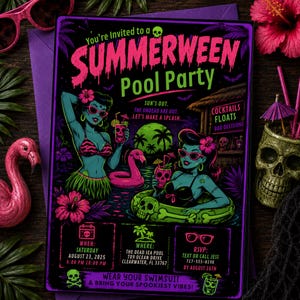 May include: A Summerween Pool Party invitation with a neon color scheme. The invitation features zombie pin-up girls, a skull, and a flamingo float. The text reads "Wear your swimsuit & bring your spookiest vibes!"
