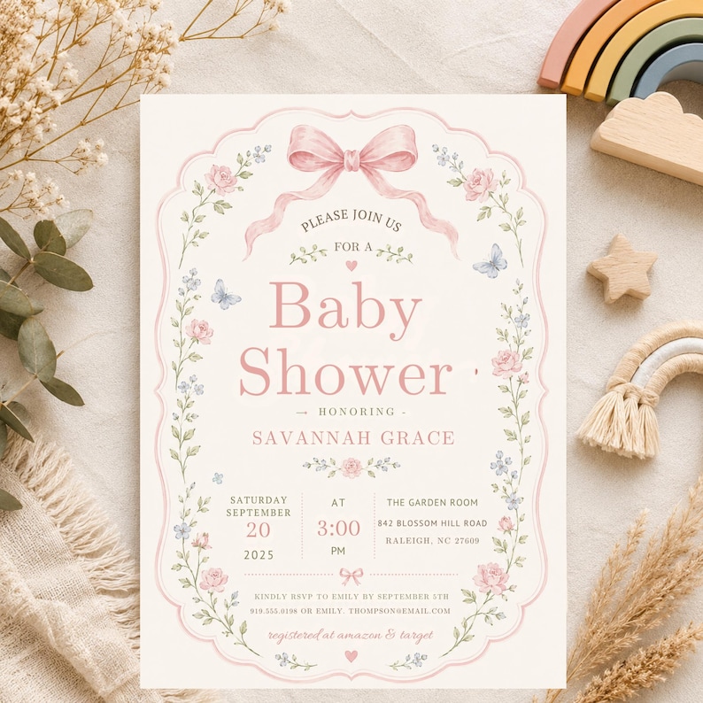 May include: A rectangular baby shower invitation card featuring a pink bow at the top, floral borders with pink roses and blue butterflies, and text including "Please join us for a baby shower honoring Savannah Grace" on a cream-colored background.