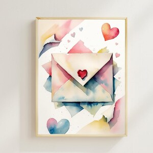 Bebé - Sobre de acuarela con corazones - Arte de pared para habitación de bebé - Decoración de habitación de bebé - Carta de amor imprimible - Descarga digital - Arte para bebé niña o niño