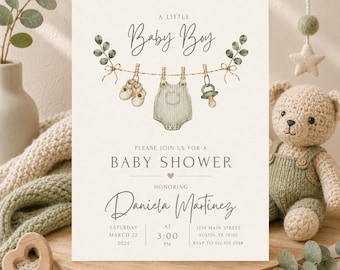 Baby Boy Shower Invitation, Neutral Baby Shower Invite, Sage Green Baby Boy Shower Template