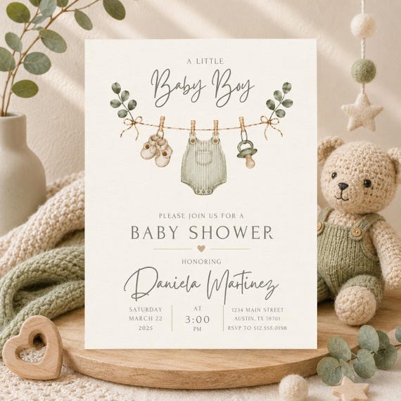 Baby Boy Shower Invitation, Neutral Baby Shower Invite, Sage Green Baby Boy Shower Template