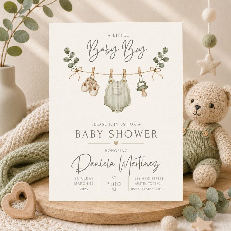 Minimalist baby boy shower invitation featuring sage green watercolor baby clothes, baby shoes, pacifier, eucalyptus greenery, and soft neutral colors. Elegant modern baby shower design with a clean layout, perfect for baby boy showers, gender-neutral celebrations, baby sprinkles, rustic themes, greenery-inspired events, and contemporary baby shower parties. Editable printable invitation template with a timeless and sophisticated aesthetic.