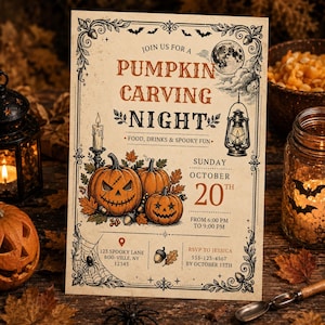 May include: A rectangular invitation card for a Pumpkin Carving Night on Sunday, October 20th, from 6:00 PM to 9:00 PM. The design features illustrations of jack-o'-lanterns, a full moon, a lantern, and a spider web on a cream-colored background.