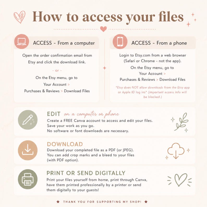 May include: An instructional infographic titled How to access your files with a soft beige background. It outlines steps for accessing files from a computer or phone, editing via Canva, downloading as PDF or JPEG, and printing or sending files digitally.
