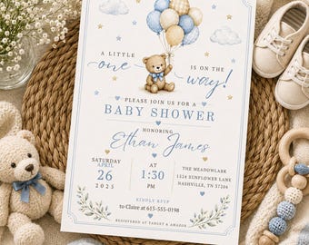 Baby Boy Shower Invitation, Teddy Bear Baby Shower Invite, A Little One Is On The Way Template