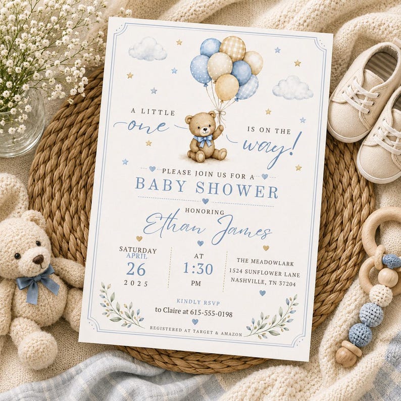 Watercolor baby boy shower invitation featuring a teddy bear holding blue and beige balloons, soft clouds, stars, hearts, and delicate greenery. Elegant baby shower invitation with blue and neutral tones, perfect for baby boy showers, teddy bear baby shower themes, little one on the way celebrations, baby sprinkles, newborn welcome parties, classic boy baby shower events, and editable printable invitation templates.