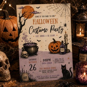 Op de afbeelding: Een rechthoekige uitnodigingskaart voor een Halloween-kostuumfeest met een volle maan, spinnenweb, zwarte ketel, pompoen, schedel, kaars en zwarte kat. De tekst bevat evenementdetails, datum, tijd en het adres van de locatie.
