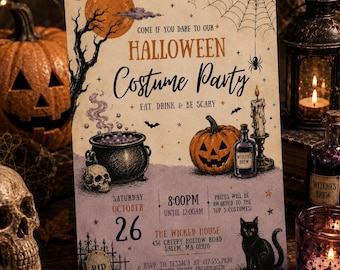 Editable Halloween Costume Party Invitation, Vintage Halloween Invite, Spooky Costume Party, Printable Halloween Evite, H231