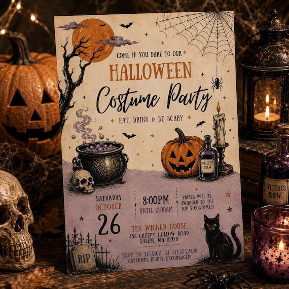 Editable Halloween Costume Party Invitation, Vintage Halloween Invite, Spooky Costume Party, Printable Halloween Evite, H231