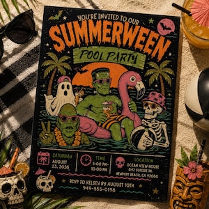 Può includere: Un invito nero per una festa in piscina di Summerween con mostri dei cartoni animati che galleggiano nell'acqua su un galleggiante fenicottero rosa. L'invito include data, ora, luogo e informazioni RSVP. L'invito è circondato da accessori da spiaggia.
