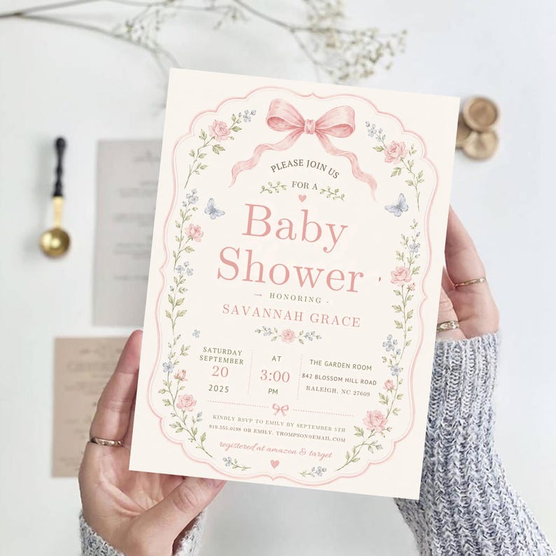 May include: A rectangular baby shower invitation card featuring a pink bow at the top, floral borders with roses and butterflies, and text reading: Please join us for a Baby Shower honoring Savannah Grace, Saturday September 20, 2025.