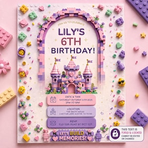 May include: A birthday invitation card featuring a pink and purple building block castle theme. The text reads: JOIN US TO CELEBRATE LILY'S 6TH BIRTHDAY! DATE & TIME SATURDAY OCTOBER 11TH 2025 2PM TO 5PM, LOCATION THE BRICK HOUSE 2100 FUN LANE AUSTIN, TX 78745, RSVP 512-555-0142 BY OCT 1ST, LET'S BUILD MEMORIES!