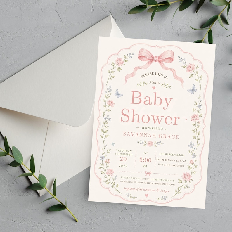 May include: A cream-colored baby shower invitation card with a pink bow at the top, surrounded by a floral border of pink roses and blue flowers. The text reads: Please join us for a Baby Shower honoring Savannah Grace, Saturday September 20 2025.