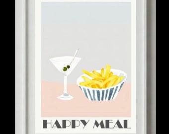 Może przedstawiać: Ilustracja w ramie przedstawiająca szklankę martini z oliwkami i miskę frytek. Pod obrazem znajduje się napis "HAPPY MEAL".