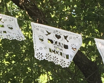 Modern Dove Personalized Wedding Garland Papel Picado White or Multi color Banners LOVE BIRDS Fiesta - Tissue with names date