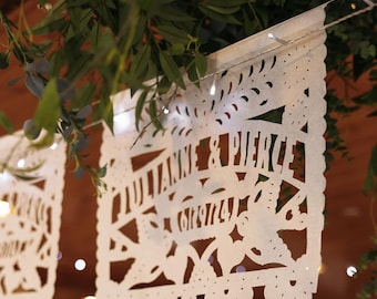 Personalized Papel Picado Wedding Garland, Mexican Fiesta Decorations (20 ft.) Tissue paper or plastic