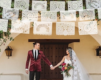White Papel Picado Banner, 18ft Mexican Wedding Garland