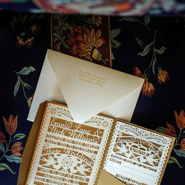 Sample (1 piece) Papel Picado Wedding Laser cut Invitation, rsvp cards, and pockets including envelopes for invite and rsvp) Love Bird