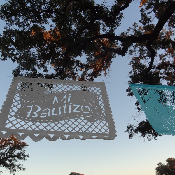 2 BAPTISM Banners (Blue and white) CLEARANCE SALE Papel Picado Banners Bautizo in Spanish - Blue and white alternating flags