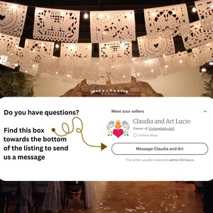 Puede incluir: Banderines de papel blanco recortado con dise&ntilde;os intrincados cuelgan del techo, iluminados por peque&ntilde;as luces. La imagen incluye el perfil de un vendedor con una opci&oacute;n de mensaje.