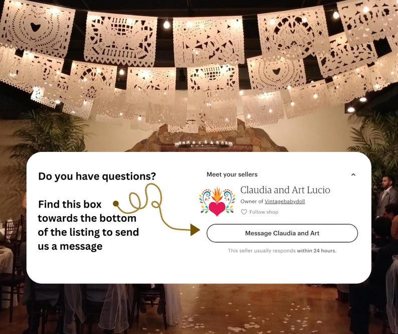 Puede incluir: Banderines de papel blanco recortado con dise&ntilde;os intrincados cuelgan del techo, iluminados por peque&ntilde;as luces. La imagen incluye el perfil de un vendedor con una opci&oacute;n de mensaje.
