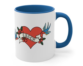 Gift for Groom wedding gift Tattoo Swallows Heart banner matching coffee mug for wedding gift Rockabilly Coffee lover mug Tattoo lover gift