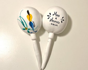 Each Custom Maraca traditional hand painted with names and date for your fiesta wedding party favor corporate event birthday fiesta Mexican