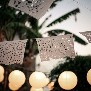 Papel Picado Elegant Fiesta Birthday Wedding Banners Bridal shower, Rehearsal Dinner, Baptism garland outdoor party white party